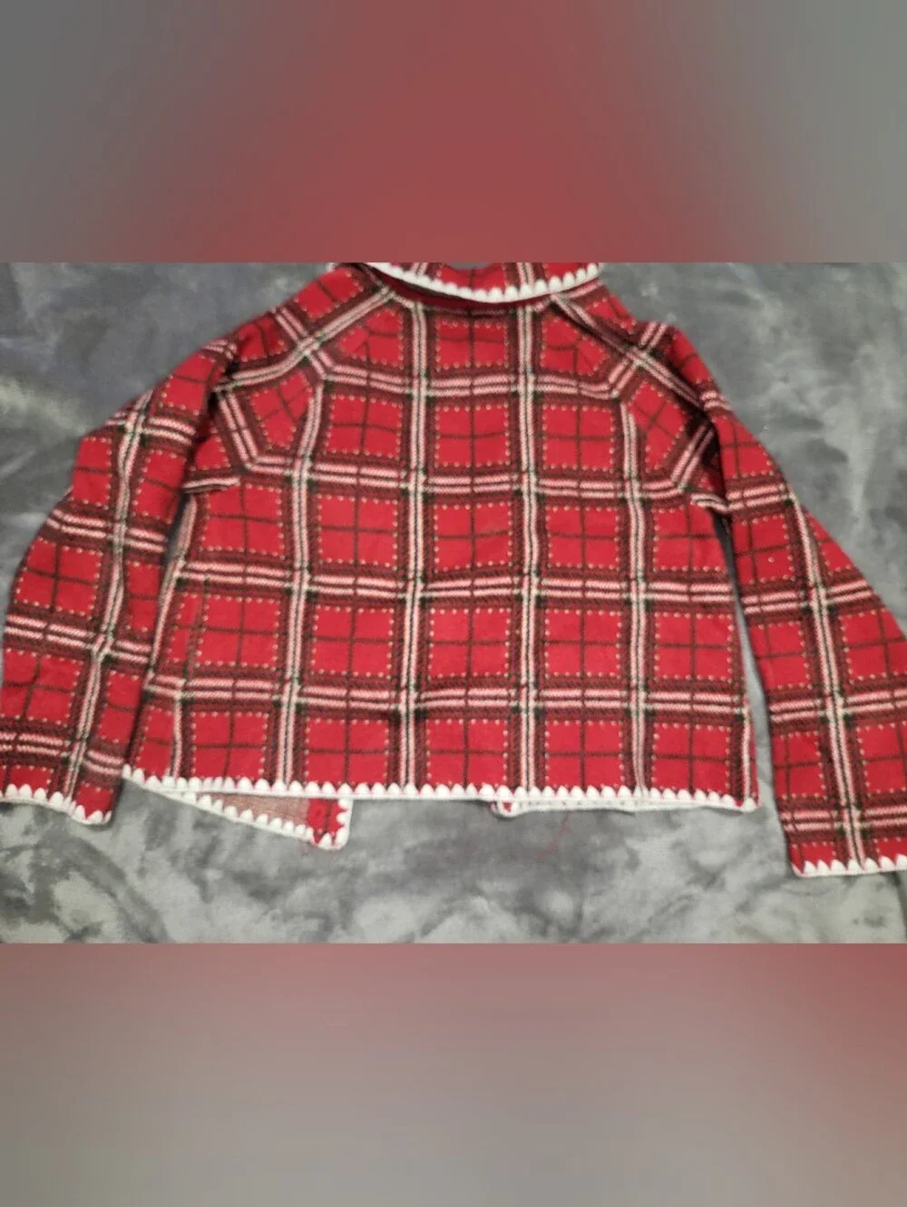 Max Studio Red Plaid Knit Skirt and Jacket Set with White Trim With Bow